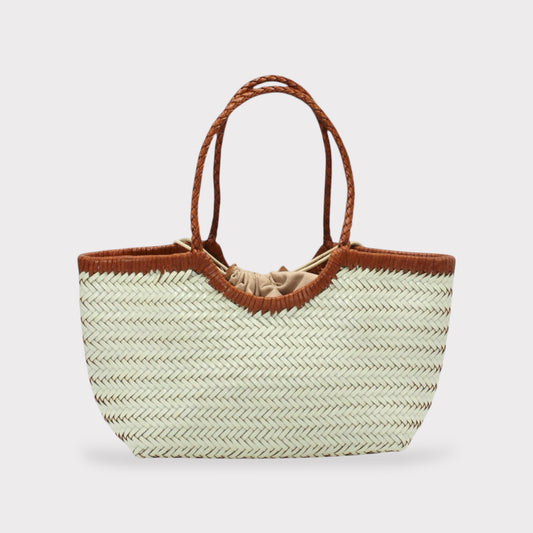 <tc>Carmel - Sac fourre-tout bicolore tissé à la main, blanc lait et marron</tc>