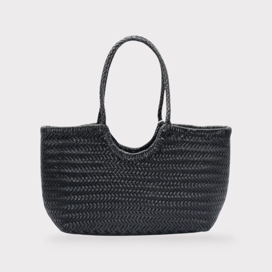 <tc>Carmel - Sac fourre-tout en cuir véritable en forme de U tissé à la main Noir</tc>