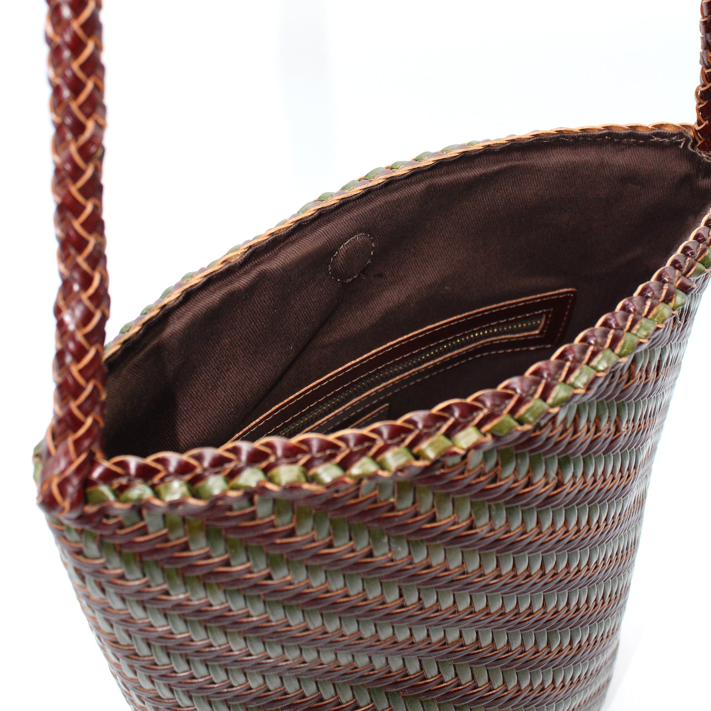 Esmée - Handmade Woven Bucket Shoulder Tote Bag Coffee & Green