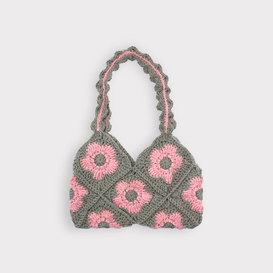 Sac baguette au crochet à tricoter floral fait à la main gris et rose