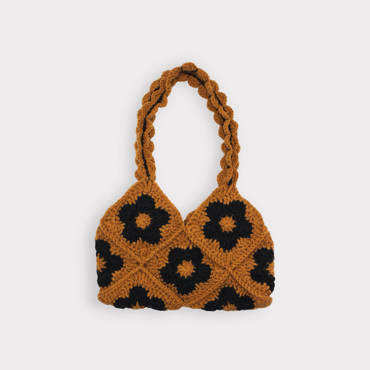 Sac baguette au crochet à tricoter floral fait à la main marron et noir