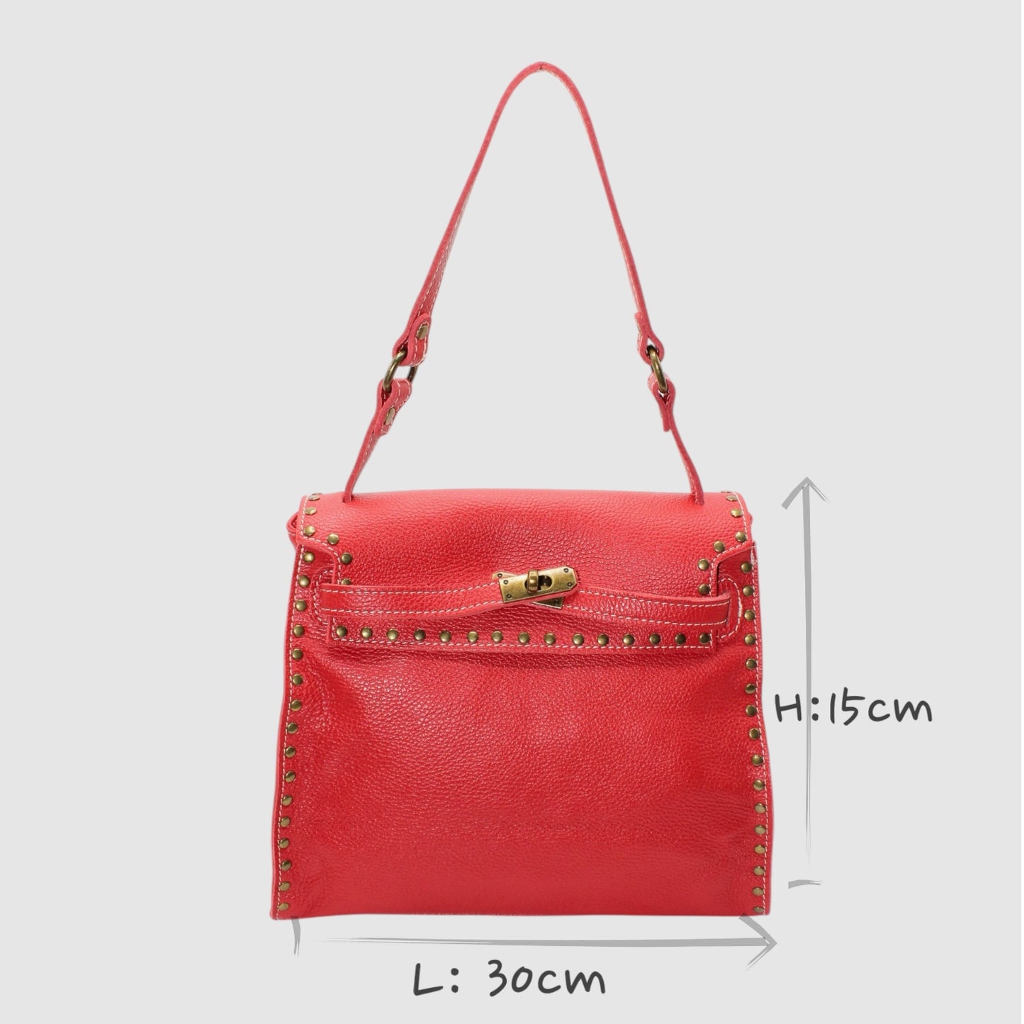 Juli- 수제 송아지 가죽 스터드 스터드 가방 메탈릭 클로저 레드