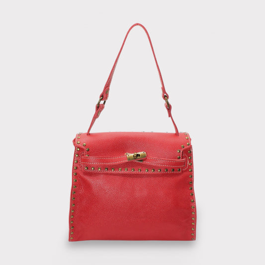 Juli- 수제 송아지 가죽 스터드 스터드 가방 메탈릭 클로저 레드